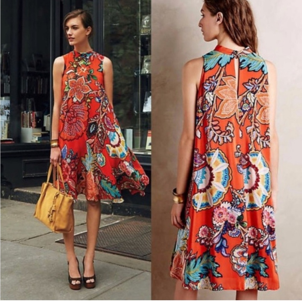 Anthropologie Colorful Floral Midi Dress - Red and Blue